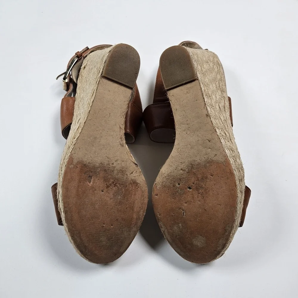 Michael Kors Women's Brown Leather Wedge Sandals Size 9.5 Ankle Strap Buckle